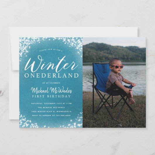 Invitation Winter Onederland Boy 1er anniversaire fête photo (Devant)