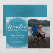 Invitation Winter Onederland Boy 1er anniversaire fête photo (Devant / Derrière)