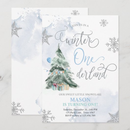 Invitation Winter Onederland Boy Blue Hiver 1er anniversaire (Devant / Derrière)
