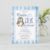 Invitation Winter Onederland Boy Penguin Birthday Snowflakes (Debout devant)
