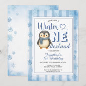 Invitation Winter Onederland Boy Penguin Birthday Snowflakes (Devant / Derrière)