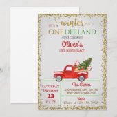 Invitation Winter Onederland camion rouge garçon 1er annivers (Devant / Derrière)