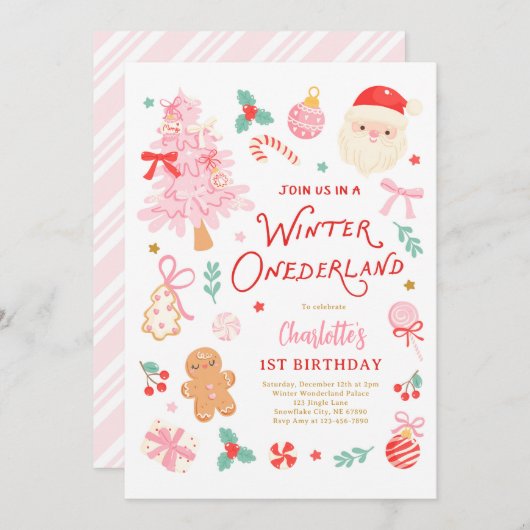 Invitation Winter Onederland Christmas 1st Birthday Party (Devant / Derrière)
