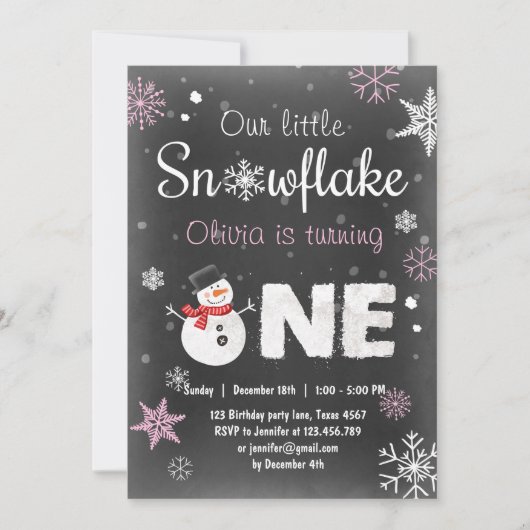 Invitation Winter Onederland fête d'anniversaire snowman Pink (Devant)