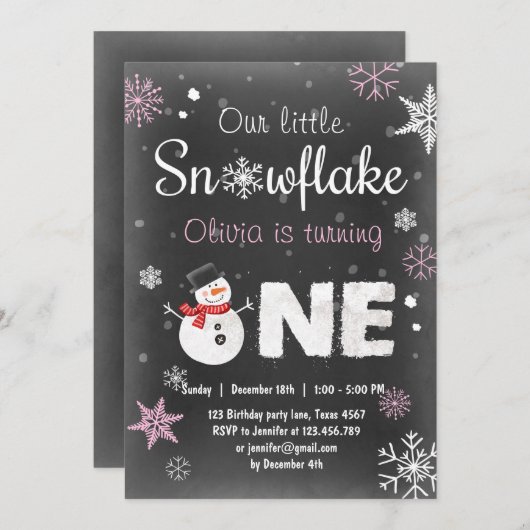 Invitation Winter Onederland fête d'anniversaire snowman Pink (Devant / Derrière)