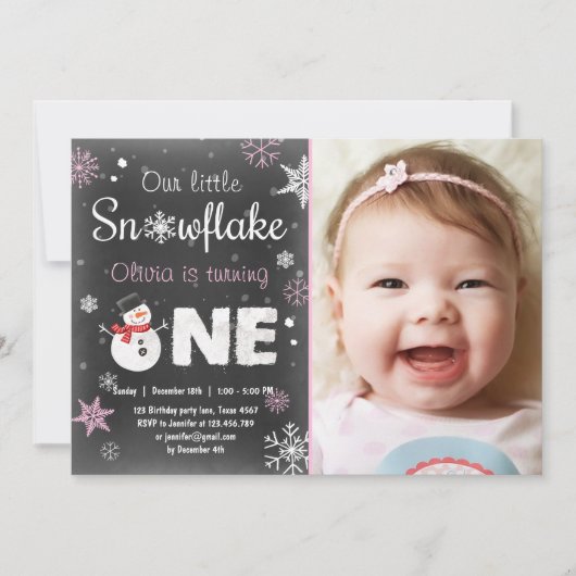 Invitation Winter Onederland fête d'anniversaire snowman Pink (Devant)