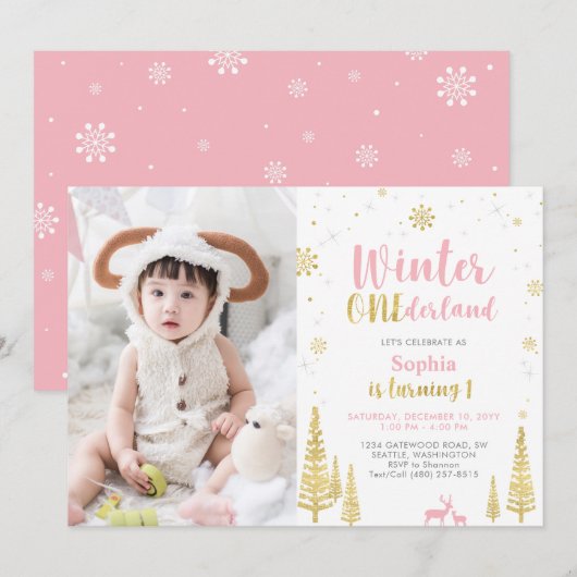 Invitation Winter Onederland, Fille 1ère photo Anniversaire (Devant / Derrière)