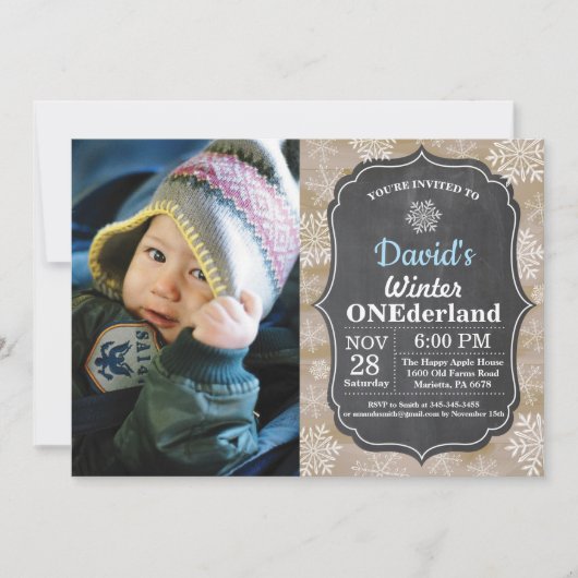 Invitation Winter Onederland Flocon de neige Blue Boy 1er ann (Devant)