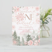 Invitation Winter Onederland Forest Pink Snowflake Birthday (Debout devant)