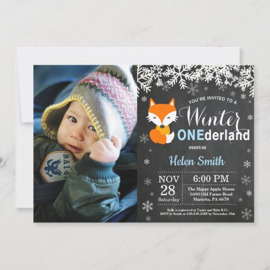 Invitation Winter Onederland Fox Boy 1er Anniversaire (Devant)