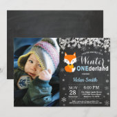 Invitation Winter Onederland Fox Boy 1er Anniversaire (Devant / Derrière)