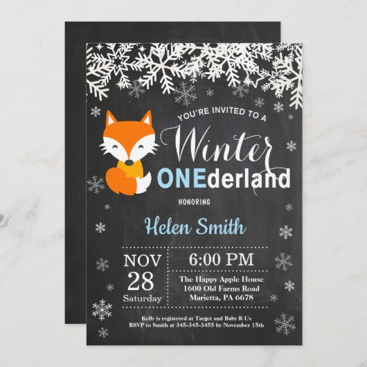 Invitation Winter Onederland Fox Boy 1er Anniversaire Invitat (Devant / Derrière)