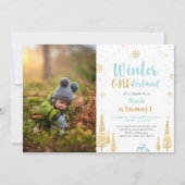 Invitation Winter Onederland, Garçon 1ère photo Anniversaire (Devant)