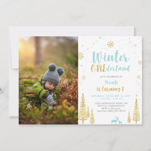 Invitation Winter Onederland, Garçon 1ère photo Anniversaire (Devant)