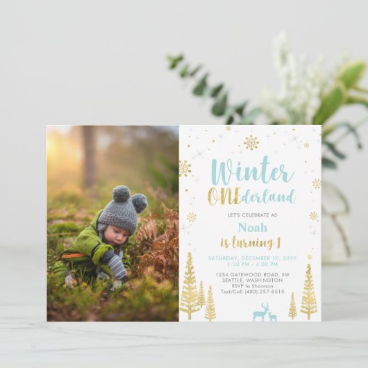 Invitation Winter Onederland, Garçon 1ère photo Anniversaire (Debout devant)