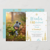 Invitation Winter Onederland, Garçon 1ère photo Anniversaire (Devant / Derrière)