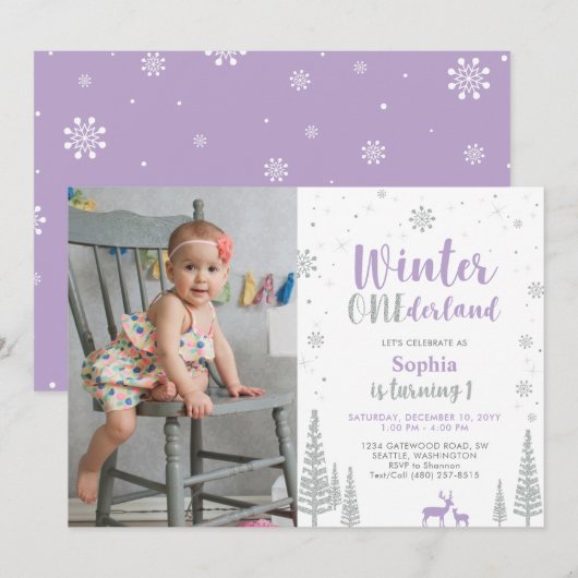 Invitation Winter Onederland, Girl First Photo Anniversaire (Devant / Derrière)
