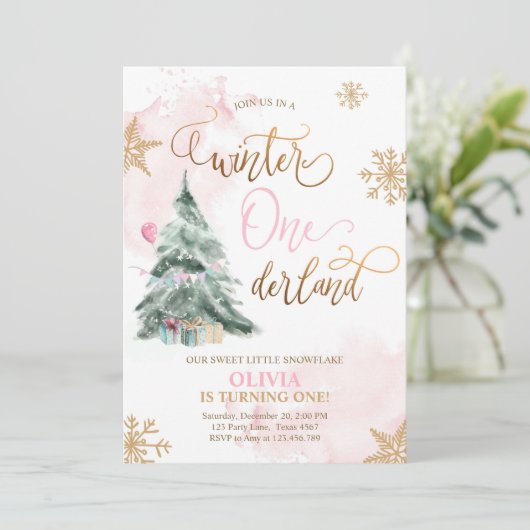 Invitation Winter Onederland Girl Rose or 1er anniversaire (Debout devant)