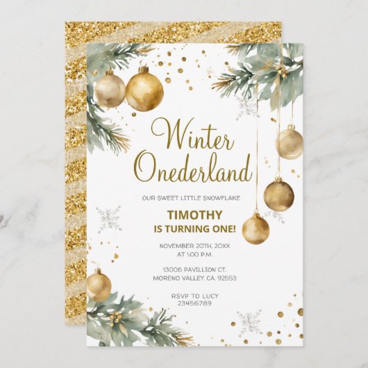 Invitation Winter Onederland Gold Baubles 1er anniversaire fê (Devant / Derrière)