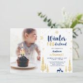 Invitation Winter Onederland, Gold & Navy Boy 1er Anniversair (Debout devant)