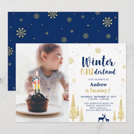 Invitation Winter Onederland, Gold & Navy Boy 1er Anniversair (Devant / Derrière)