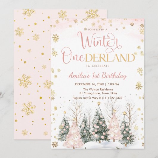 Invitation Winter Onederland Gold Snowflakes 1st Birthday (Devant / Derrière)