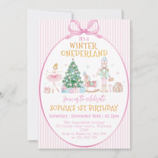 Invitation Winter Onederland Nutcracker Pink Bow Birthday (Devant)