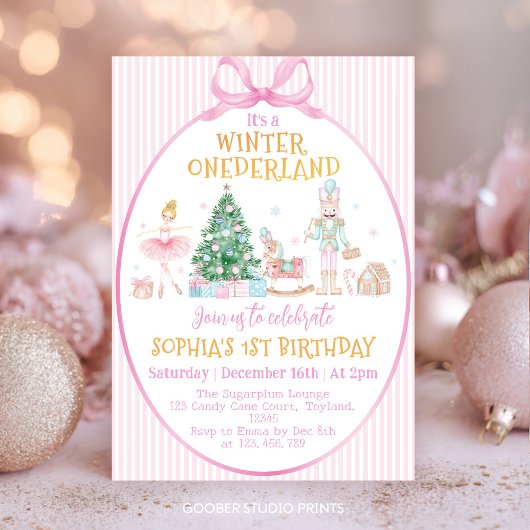 Invitation Winter Onederland Nutcracker Pink Bow Birthday