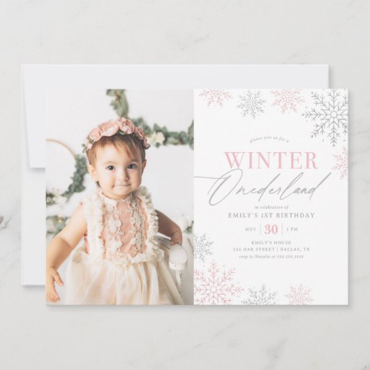Invitation Winter Onederland Parties scintillant rose 1er ann (Devant)