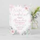 Invitation Winter Onederland Pastel Pink Snowflake Anniversai (Debout devant)