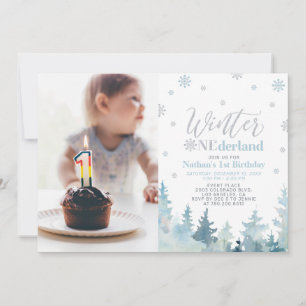 Invitation Winter ONEderland Photo d'anniversaire 1 an Blue B