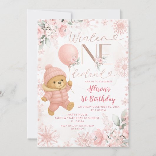 Invitation Winter ONEderland Pink Bear Balloon 1st Birthday (Devant)