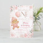 Invitation Winter ONEderland Pink Bear Balloon 1st Birthday (Debout devant)
