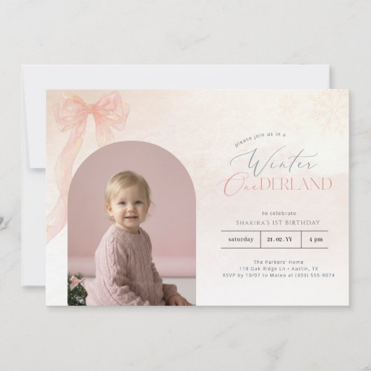Invitation Winter Onederland Pink Bow Arch Photo 1st Birthday (Devant)