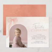 Invitation Winter Onederland Pink Bow Arch Photo 1st Birthday (Devant / Derrière)
