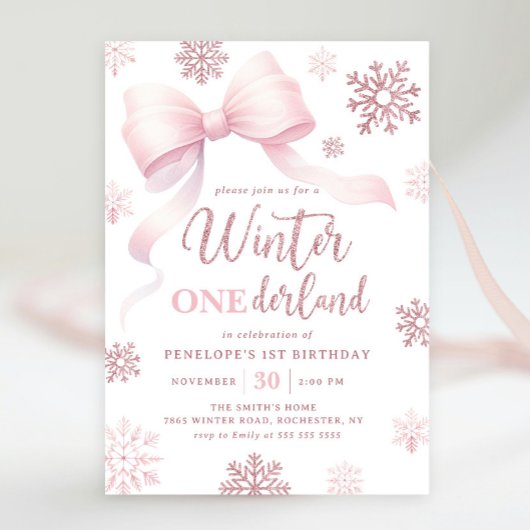 Invitation Winter Onederland Pink Bow Snowflake 1er anniversa