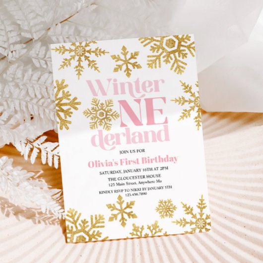 Invitation Winter Onederland Pink Gold Snowflake 1er annivers