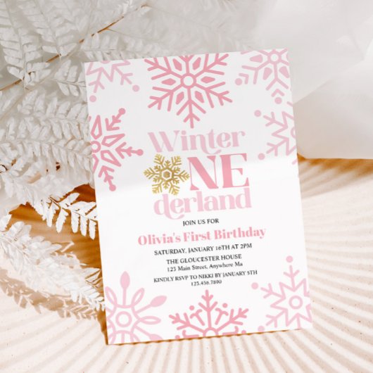 Invitation Winter Onederland Pink Gold Snowflake 1er annivers