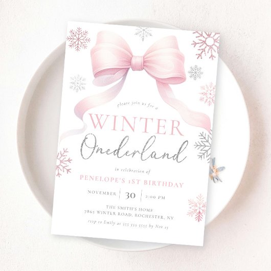 Invitation Winter Onederland Pink Silver Bow 1er anniversaire