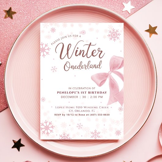 Invitation Winter Onederland Pink Snowflake Bow 1st Birthday