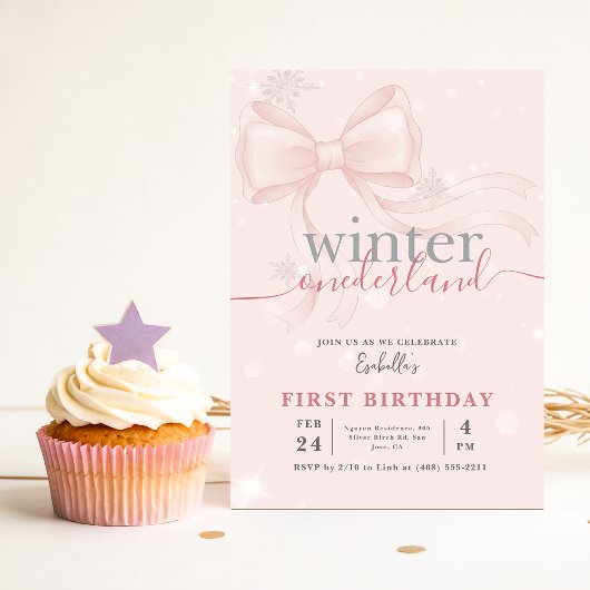 Invitation Winter Onederland Pink Snowflake Bow 1st Birthday