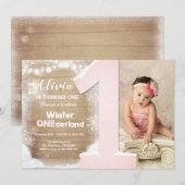 Invitation Winter Onederland Pink Snowflake Girl 1er annivers (Devant / Derrière)