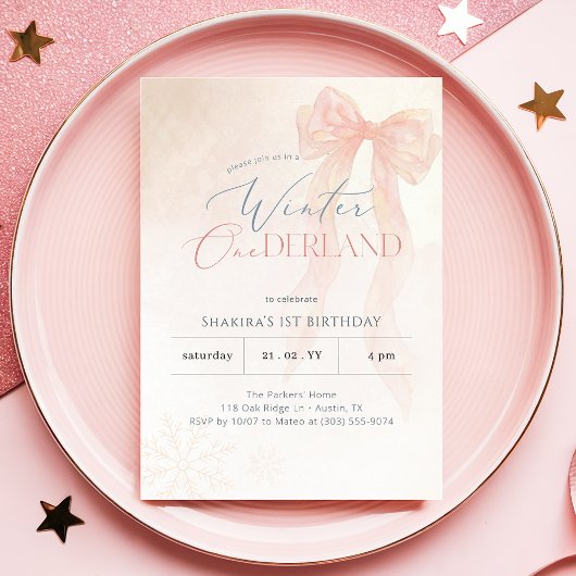 Invitation Winter Onederland Pink Watercolor Bow 1st Birthday