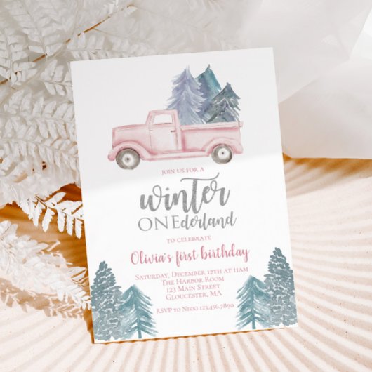 Invitation Winter Onederland Premier anniversaire camion rose