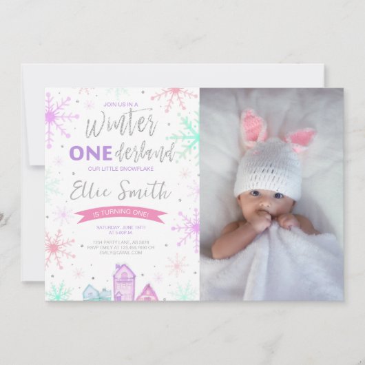 Invitation Winter Onederland Purple, Blue et rose photo (Devant)