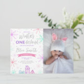 Invitation Winter Onederland Purple, Blue et rose photo (Debout devant)