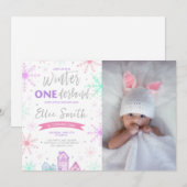 Invitation Winter Onederland Purple, Blue et rose photo (Devant / Derrière)