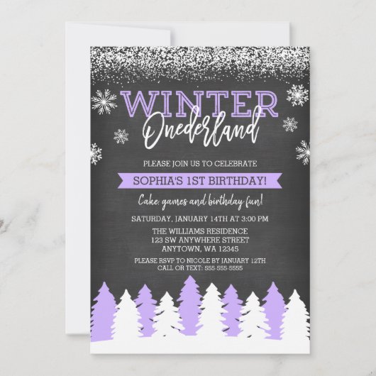 Invitation Winter Onederland Purple Chalkboard 1er anniversai (Devant)