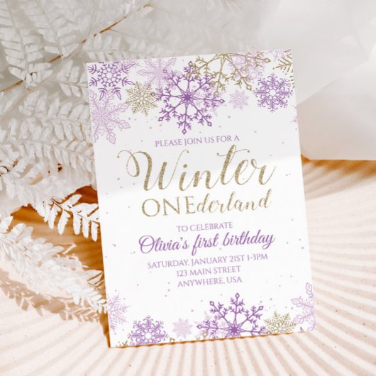 Invitation Winter Onederland Purple et Gold Snowflake Invitat