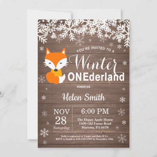Invitation Winter Onederland Renard rustique 1er anniversaire (Devant)